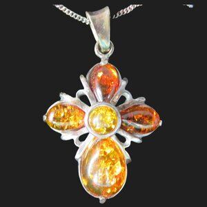 Sterling Silver and Amber Cross Pendant Necklace 925 Poland 17.5 in Chain
